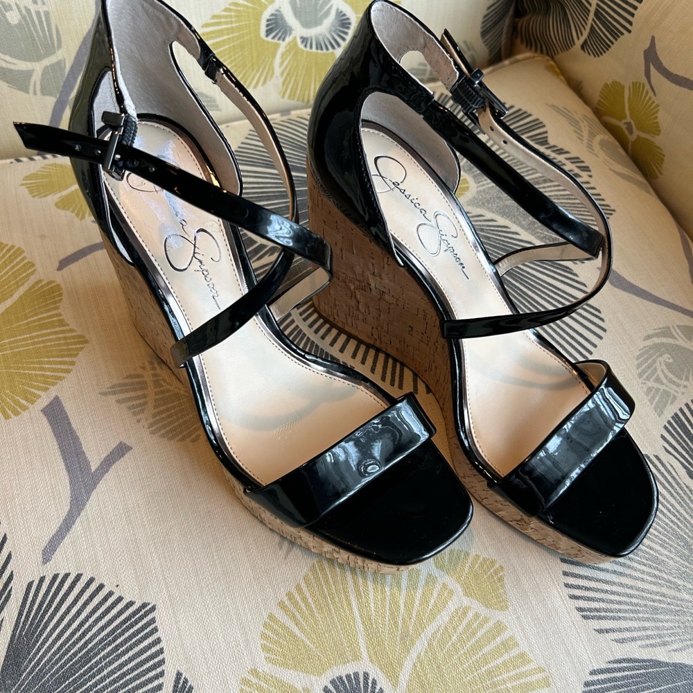 Jessica Simpson Black Wedge Sandals with Crisscross Straps (NEVER WORN!)